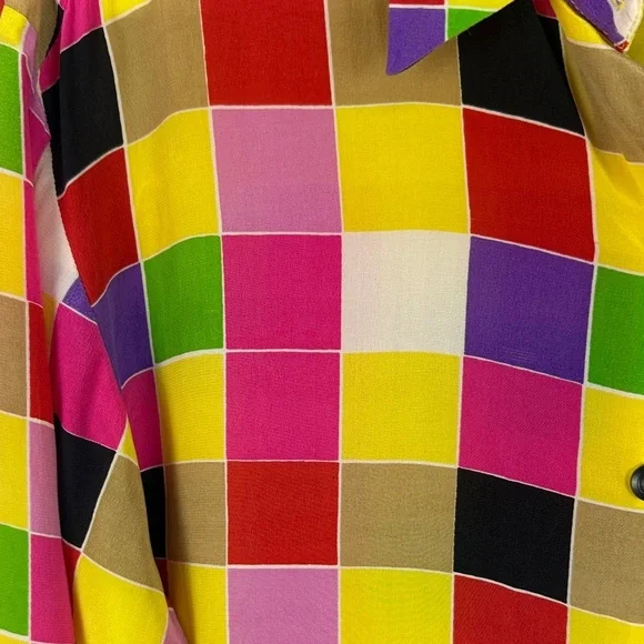 Suitsme Vibrant Retro Style Relaxed Fit Silk Multicolor Checkered Small Blouse - Picture 9 of 11